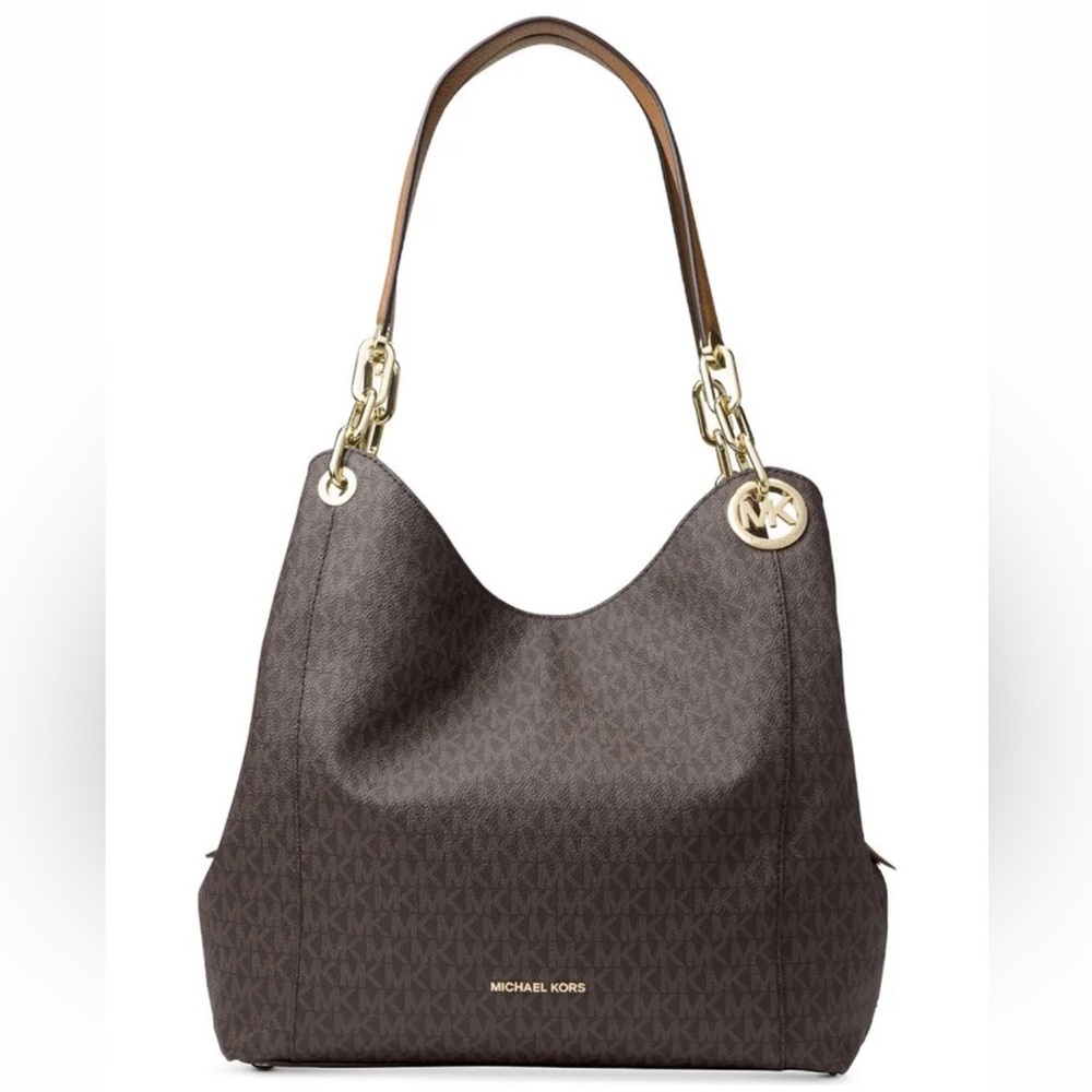 Michael Kors Fulton Large Signature Charm Hobo Shoulder Bag Tote Brown MK Logo